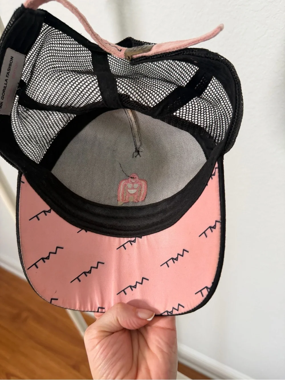 PINK Victoria's Secret Black Trucker Hat with Pink Embroidered Gorilla Logo